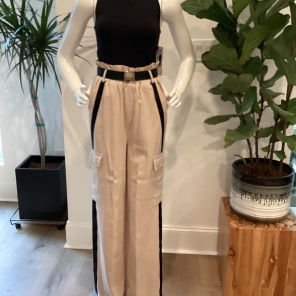 NWT MISSGUIDED TALL SIDE STRIPE TAN & BLACK WIDE LEG CARGO PANTS TROUSERS EU 38 - Picture 3 of 16